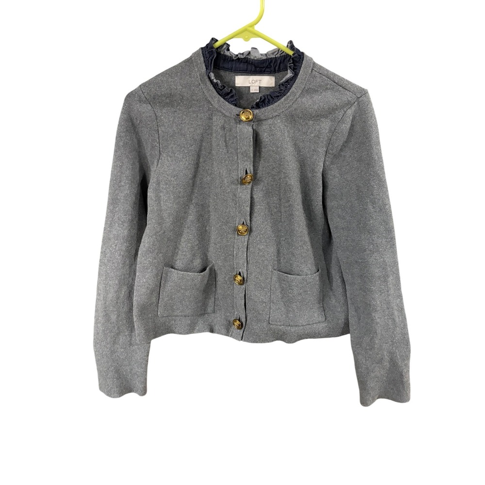 Loft Gray Knit Cardigan‎ Sweater Gold Crest Buttons Ruffle Denim Collar Small